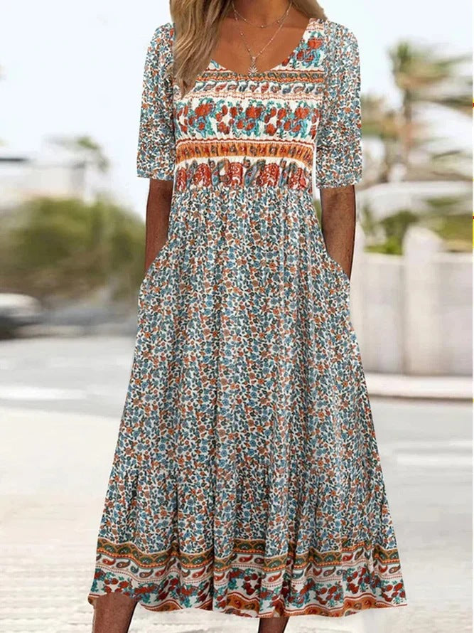2024 European and American Amazon Summer New Women's Round Neck Short Sleeve Dress Bohemian Printed Dress for Women