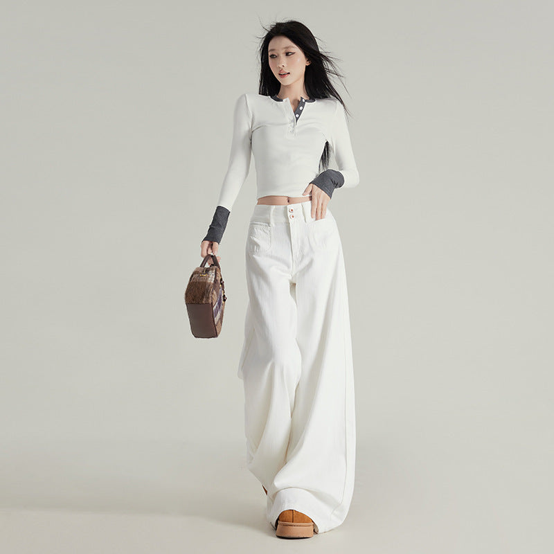 Spring New Retro Lazy Style Wide Leg Horn Jeans Women's High Waist Slimming Fashionable Dipped Pants