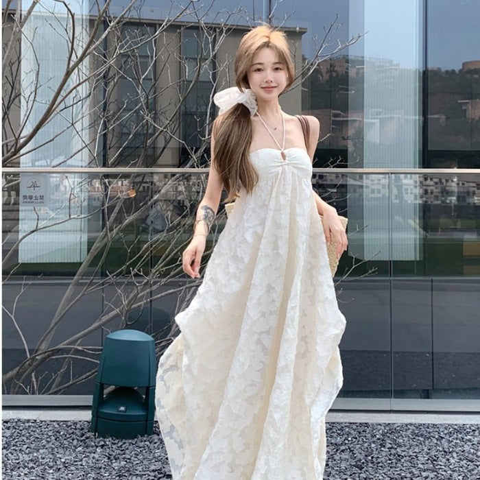 Seaside Holiday Style Backless Neck Hanging dress Beach Dress Women's Early Spring A- line Dress with Chest Pad Pure Hollow Long Dress