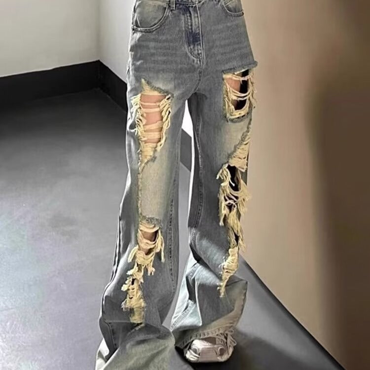 American Style Ins High Street Ripped Jeans Women's Petite Old Retro High Waist Loose Dipped Wide Leg Pants