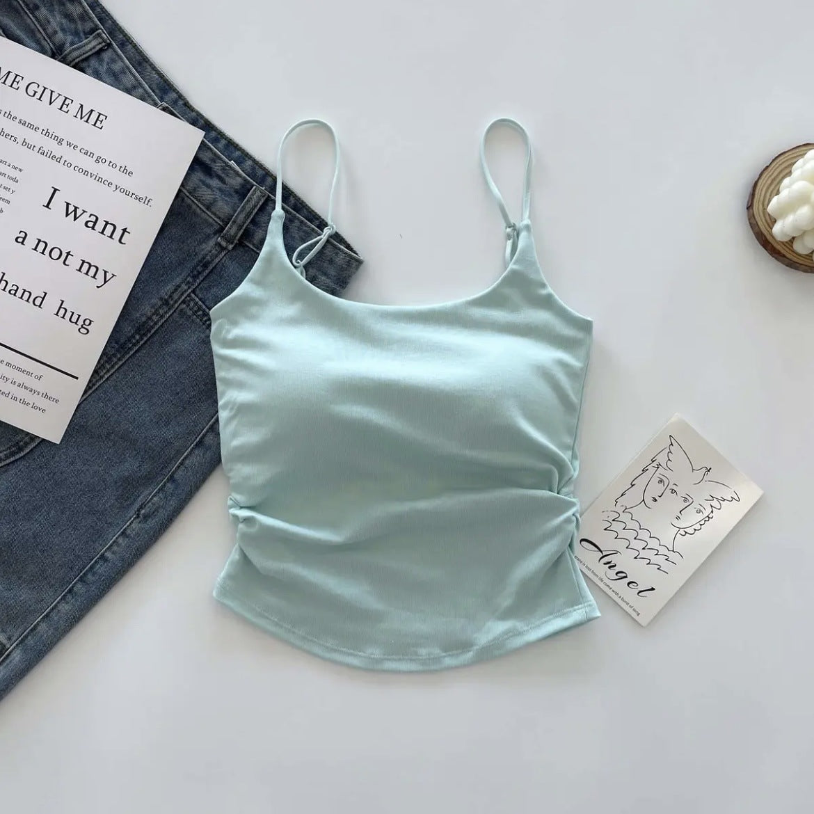 New Style Pure Sweet and Spicy Design Pleated Camisole Women's Belt Chest Pad Inner Wearing Outer Wearing Slim-fit Beautiful Back Summer Clothes