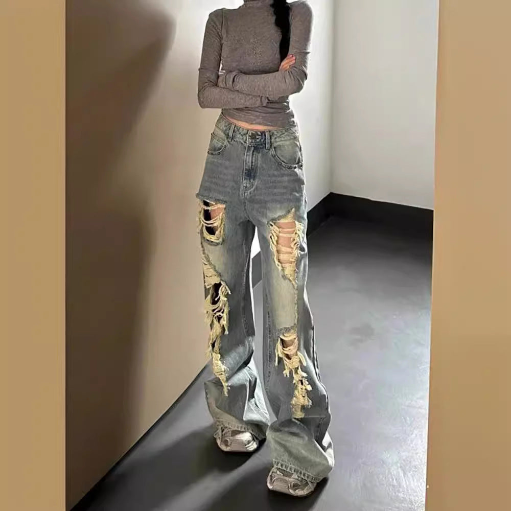 American Style Ins High Street Ripped Jeans Women's Petite Old Retro High Waist Loose Dipped Wide Leg Pants