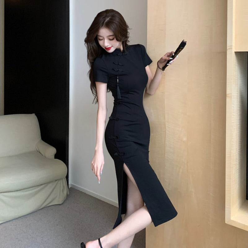 Chinese Retro Button Cheongsam Dress Women's Summer High-end Elegant Small Black Dress Waisted Slim-fit Hip Long Dress