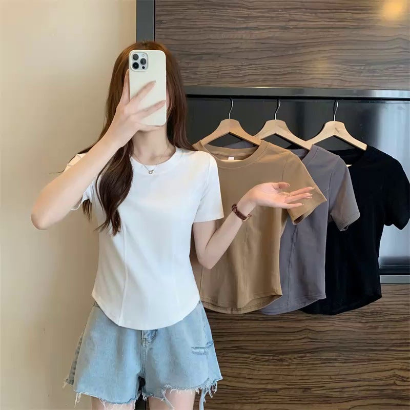 Summer New Slim-fit Short-sleeved T-shirt Women's Design Sense Short Pure Irregular Hem Curved Top