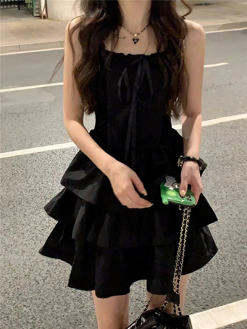 French Style Black Sling dress Women's Summer 2025 New Style off-Shoulder Tight Waist Slimming Elegant Princess Puffy Dress