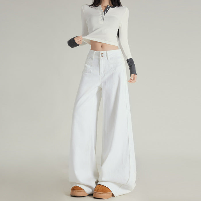 Spring New Retro Lazy Style Wide Leg Horn Jeans Women's High Waist Slimming Fashionable Dipped Pants