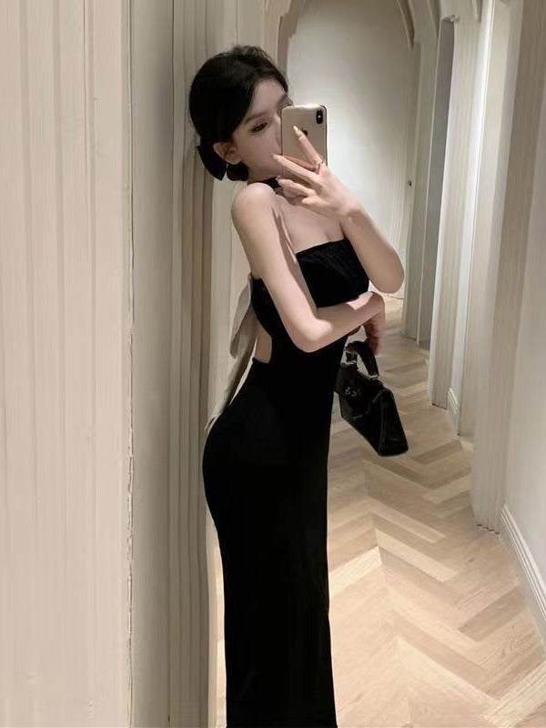 Black halter dress summer pure hot girl skirt sexy bow small slim-fit sheath split skirt