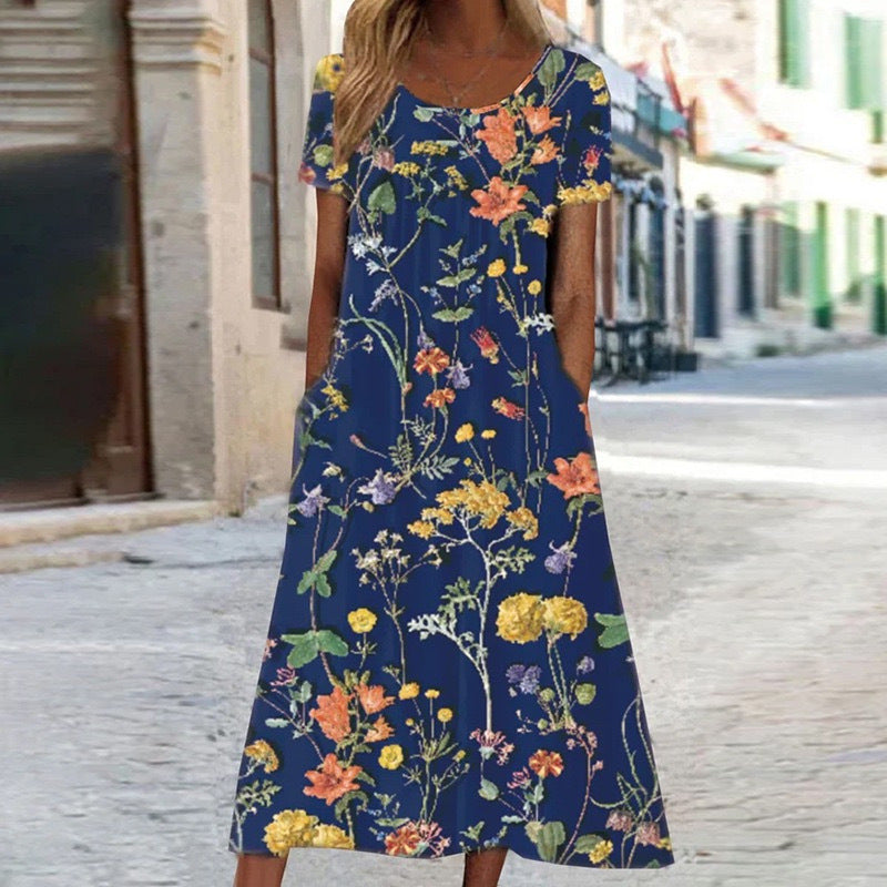 Casual Loose Short Sleeve round Neck Printed Long Dress Women's Summer Fashion Polyester Comfortable Leisure Gown with Pocket