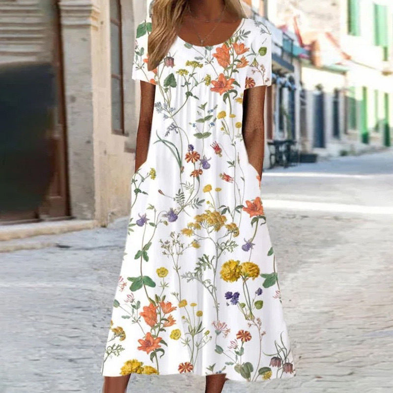 Casual Loose Short Sleeve round Neck Printed Long Dress Women's Summer Fashion Polyester Comfortable Leisure Gown with Pocket