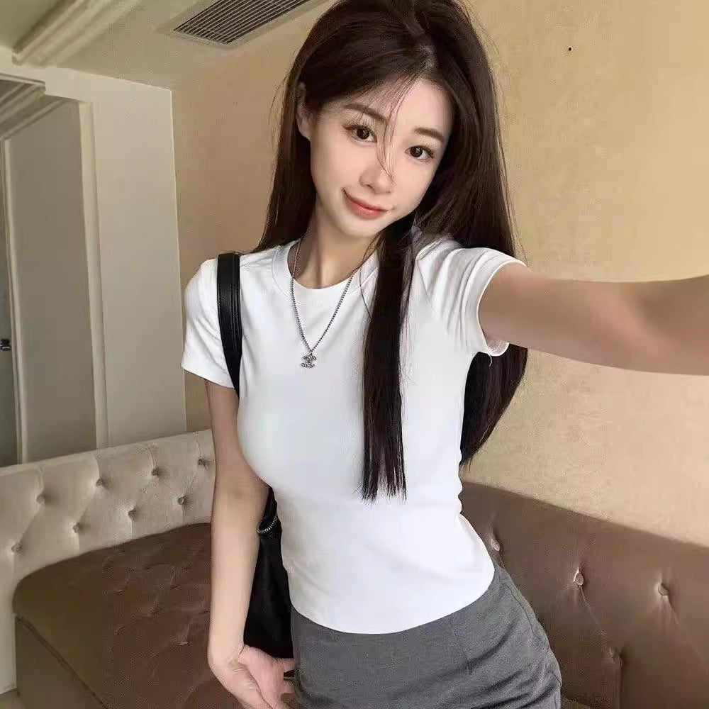 White Short-sleeved Bottoming Shirt Inner T-shirt Women's Spring and Summer New Slim-fit Hot Girl Short Shoulder Tight Top