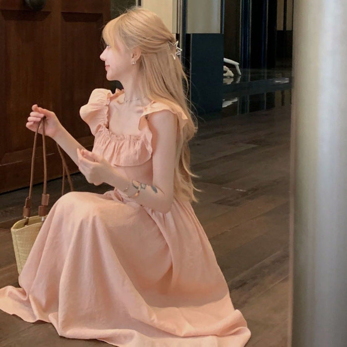 Tea Break French Pink Small Flying Sleeve dress Women's 2025 Summer New Waist Slim-fit Seaside Holiday Style Long Dress