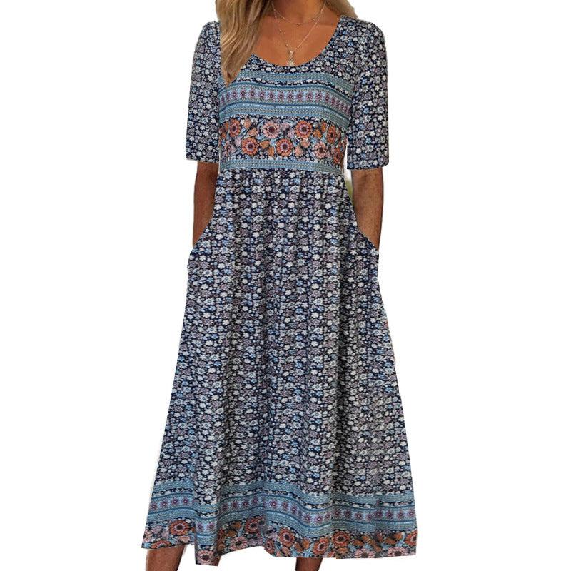 2024 European and American Amazon Summer New Women's Round Neck Short Sleeve Dress Bohemian Printed Dress for Women