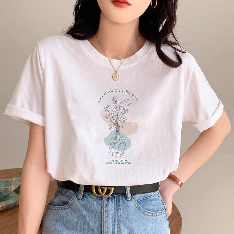 2025 Summer New Short-sleeved T-shirt Women's Korean-style Printed Loose Student Top Cotton Undershirt Ins Trendy