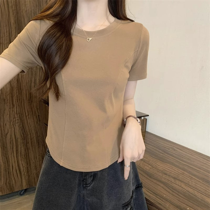Summer New Slim-fit Short-sleeved T-shirt Women's Design Sense Short Pure Irregular Hem Curved Top