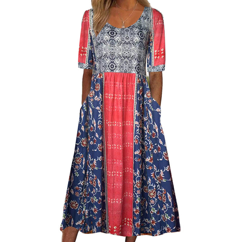 2024 European and American Amazon Summer New Women's Round Neck Short Sleeve Dress Bohemian Printed Dress for Women