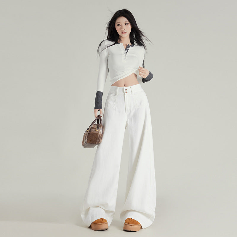 Spring New Retro Lazy Style Wide Leg Horn Jeans Women's High Waist Slimming Fashionable Dipped Pants