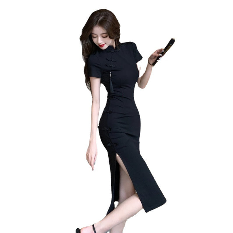Chinese Retro Button Cheongsam Dress Women's Summer High-end Elegant Small Black Dress Waisted Slim-fit Hip Long Dress