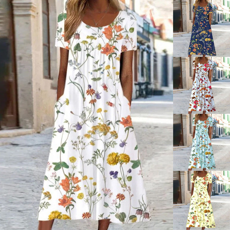 Casual Loose Short Sleeve round Neck Printed Long Dress Women's Summer Fashion Polyester Comfortable Leisure Gown with Pocket