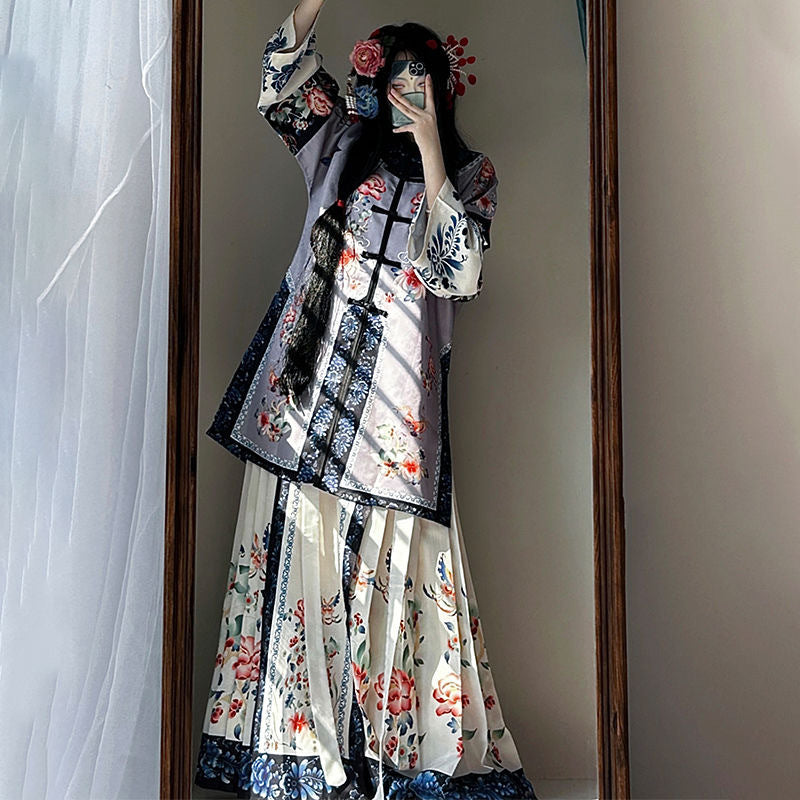 Quanzhou Xunpu Hairpin Flower Qing Han Women's Clothing Gege Han Clothing Qing Dynasty Manchu Qing Flag Yellow Printed Skirt Photo Portrait