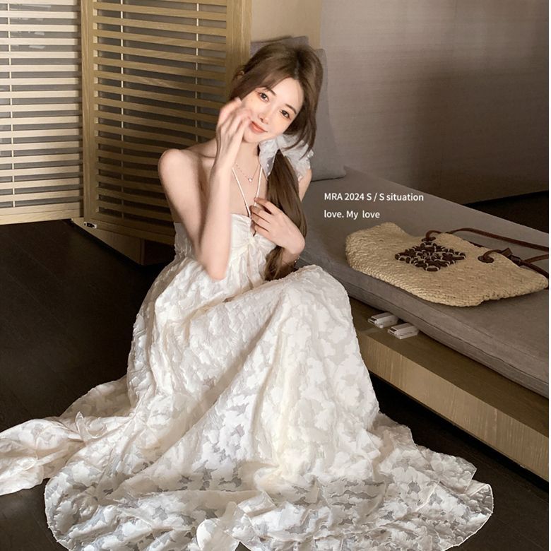 Seaside Holiday Style Backless Neck Hanging dress Beach Dress Women's Early Spring A- line Dress with Chest Pad Pure Hollow Long Dress