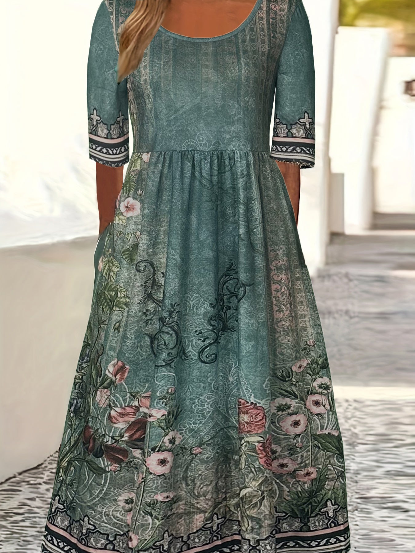 2024 European and American Amazon Summer New Women's Round Neck Short Sleeve Dress Bohemian Printed Dress for Women