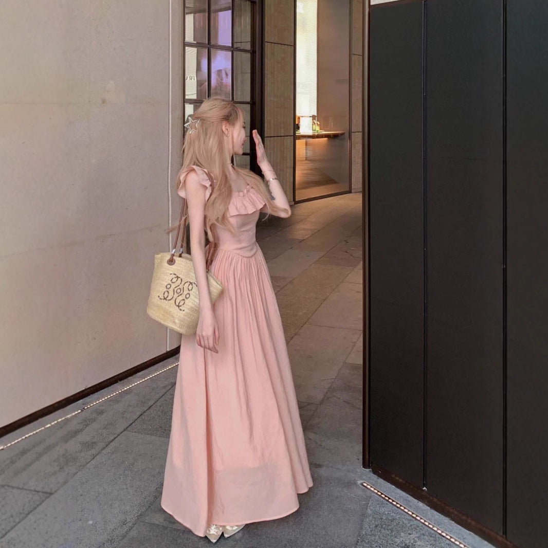 Tea Break French Pink Small Flying Sleeve dress Women's 2025 Summer New Waist Slim-fit Seaside Holiday Style Long Dress
