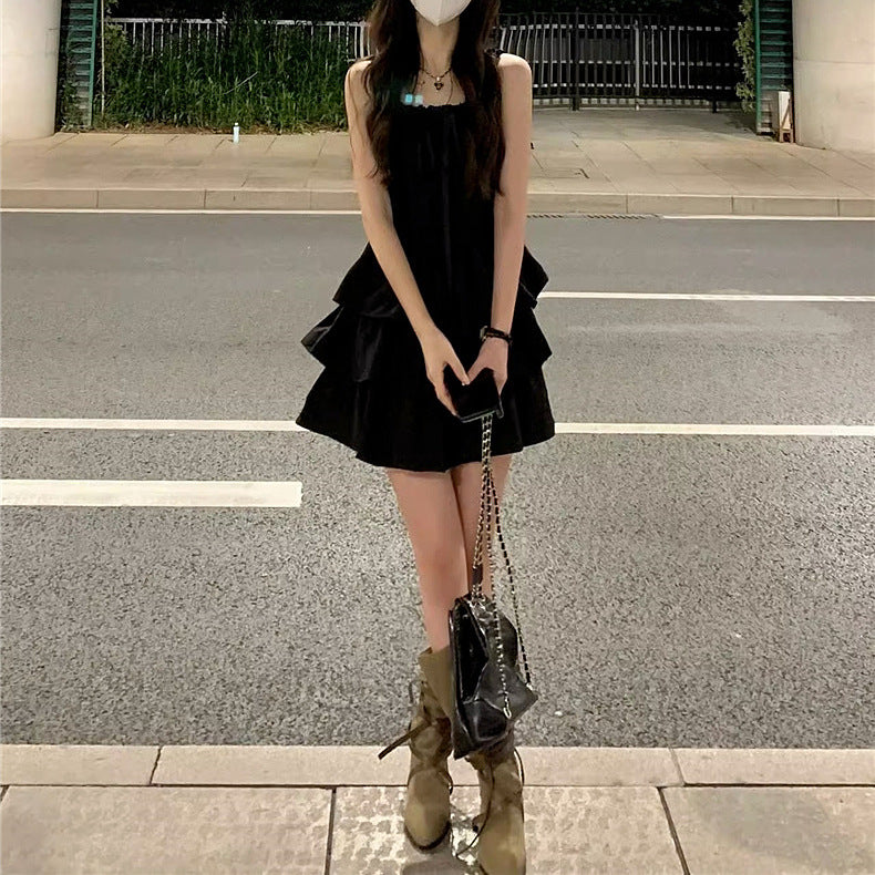 French Style Black Sling dress Women's Summer 2025 New Style off-Shoulder Tight Waist Slimming Elegant Princess Puffy Dress