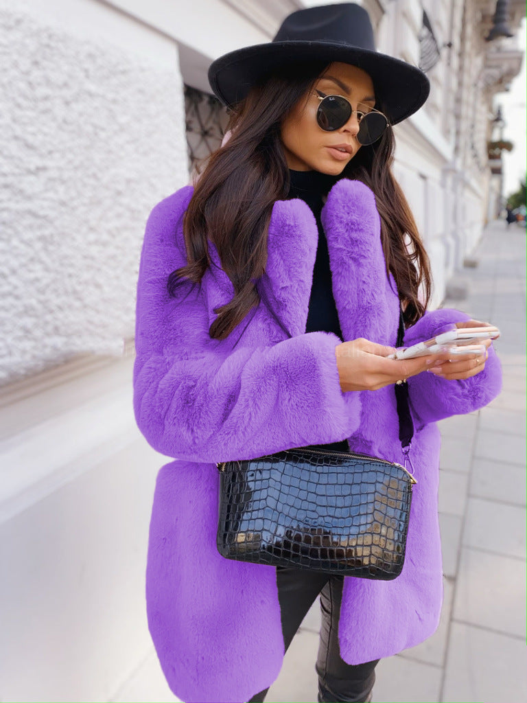 European and American Temperament Commuter Long Sleeve Lapel Faux Fur Jacket Solid Color Warm plus size Coat Women's Fur Fur Women's Clothing