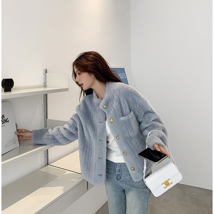 New Off-season Small Stand Collar Lamb Fur One-piece Sheep Coat Short Fur Young Women's Coat