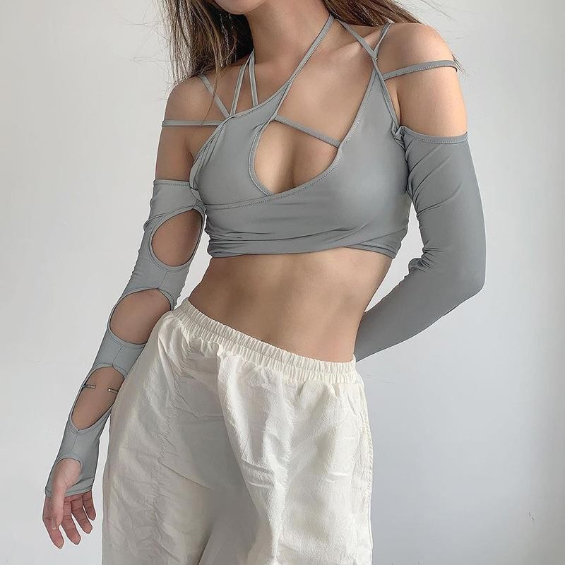 NVTX70245 Summer New Women's Solid Color Sling Neck Navel Backless Sleeve Women's Top