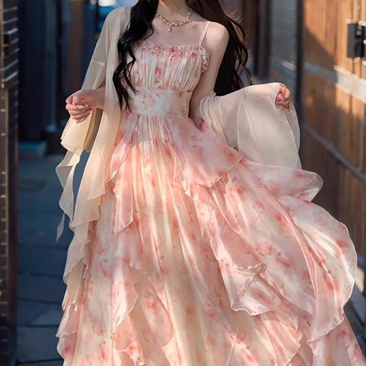 Elegant Heavy Industry Simi-Dye Printed Waisted Slimming Ruffled Slip Skirt Women's Summer Fairy Cardigan suit Two-piece Set