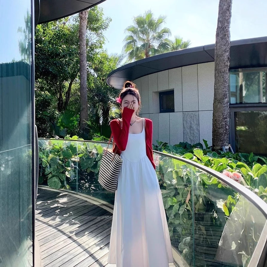 Korean Style Gentle White Tight Waist Sling dress Holiday Style Sweet Wear Slimming Elegant Long Skirt