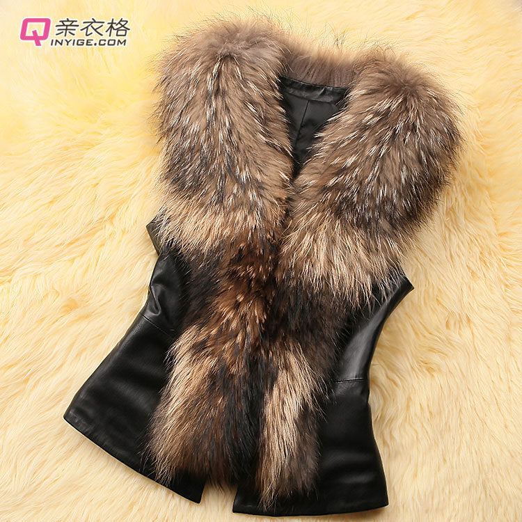 S-4XL AliExpress Autumn and Winter Women's Raccoon Fur Collar Fur Jacket Vest Short Slim Fit Faux Fur Vest