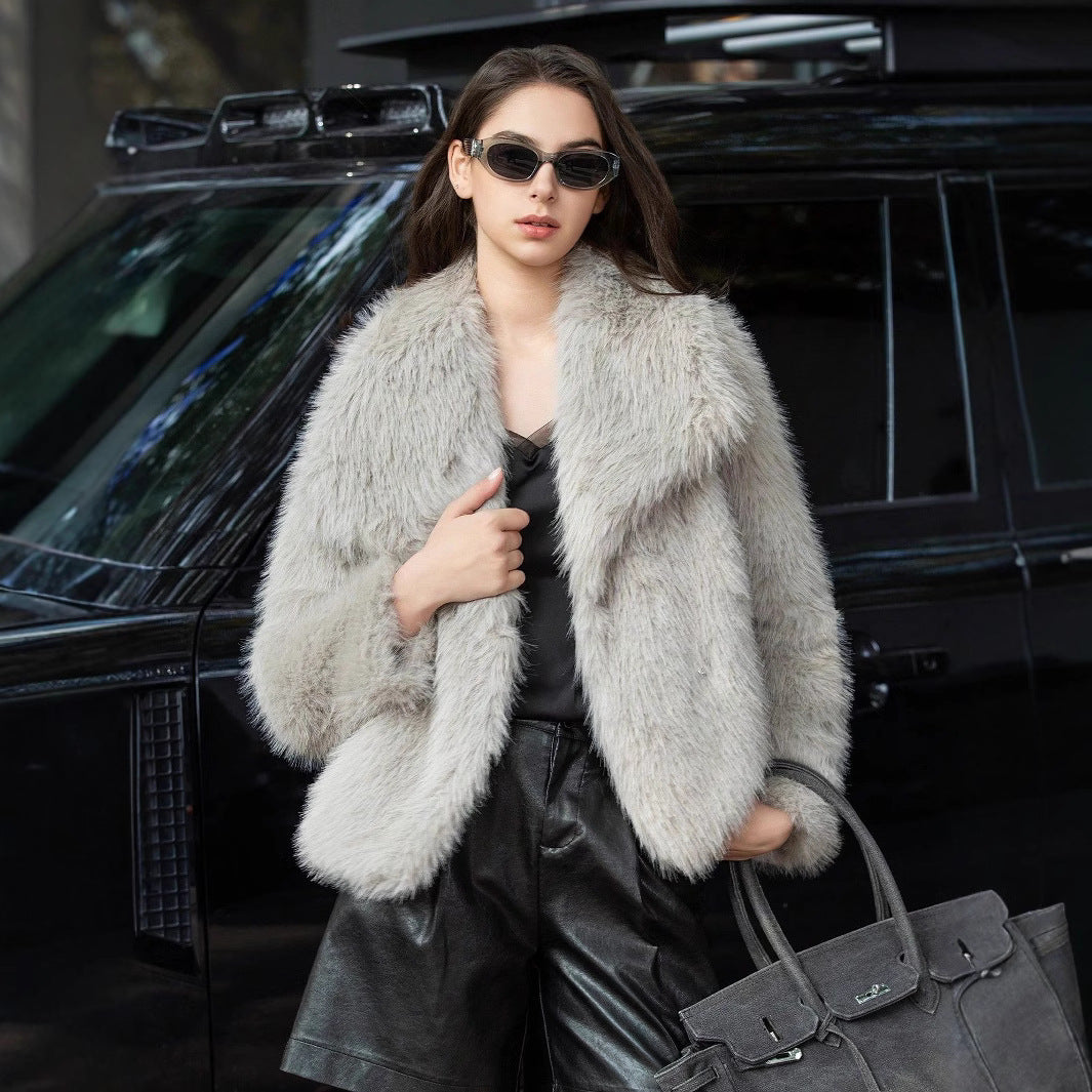 Women's spring new European and American fashion loose faux fur lapel coat