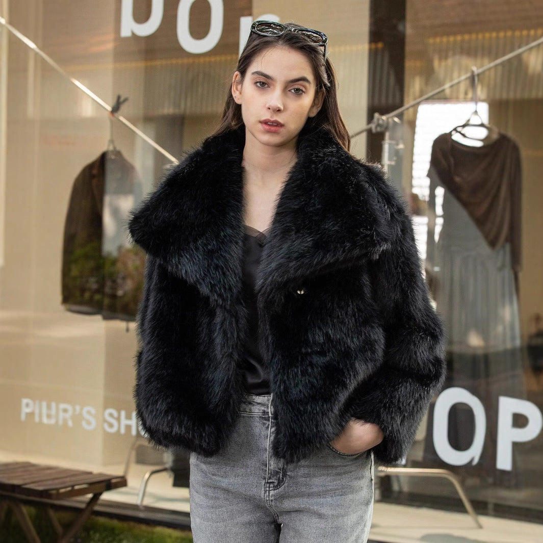 Women's spring new European and American fashion loose faux fur lapel coat