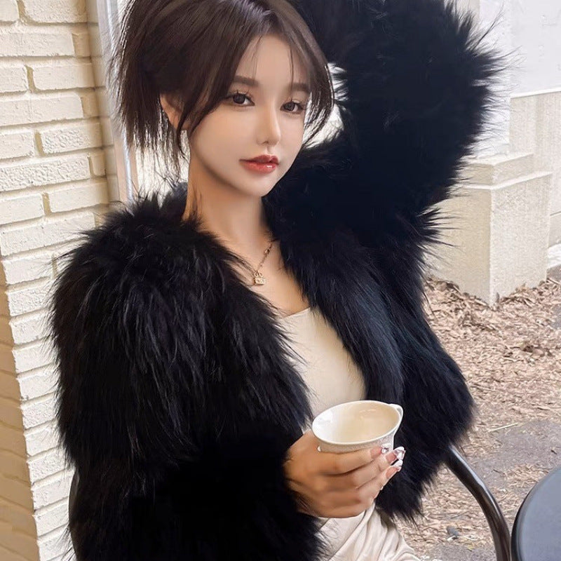 Real Hair White Raccoon Hair Double-sided Woven Encryption Thickened Autumn and Winter New Temperament Anti-season Explosions Western Style Clothes Length 50 Gas