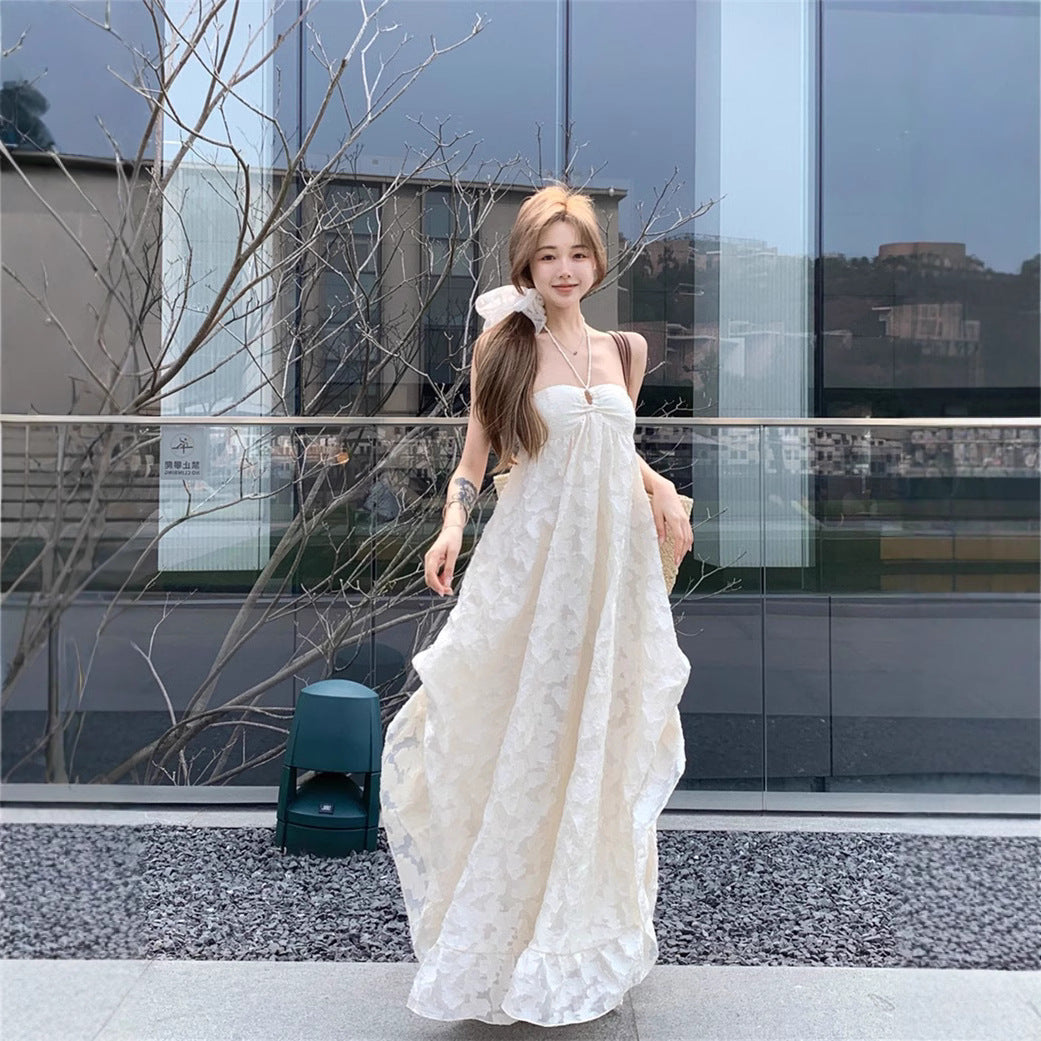 French Style Neck dress Women's Summer Seaside Vacation Backless Long Dress Super Fairy Elegant Loose A- line Skirt