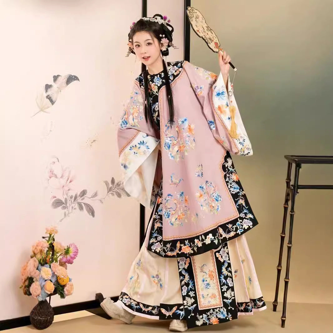Quanzhou Xunpu Hairpin Flower Qing Han Women's Clothing Gege Han Clothing Qing Dynasty Manchu Qing Flag Yellow Printed Skirt Photo Portrait