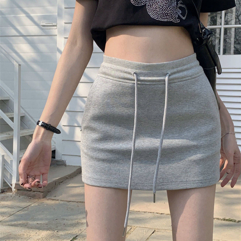 Drawstring sports short skirt women's summer new casual sports half culottes high waist all match package hip skirt A line half skirt