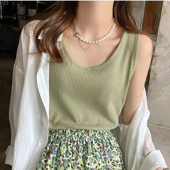 Camisole Women's Summer Waffle Loose Top Slim Sleeveless Base Shirt T-shirt