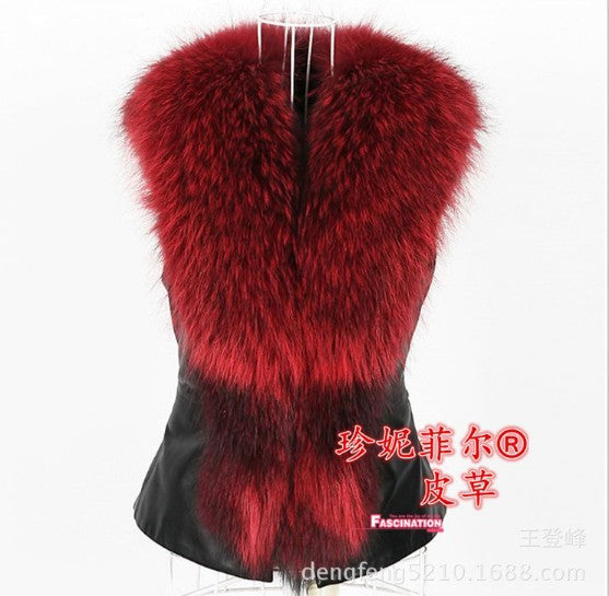 S-4XL AliExpress Autumn and Winter Women's Raccoon Fur Collar Fur Jacket Vest Short Slim Fit Faux Fur Vest