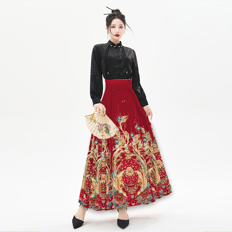 Horse-faced skirt Hanfu women's skirt spring and autumn pleated skirt new Chinese style small senior sense [double phoenix and singing]]