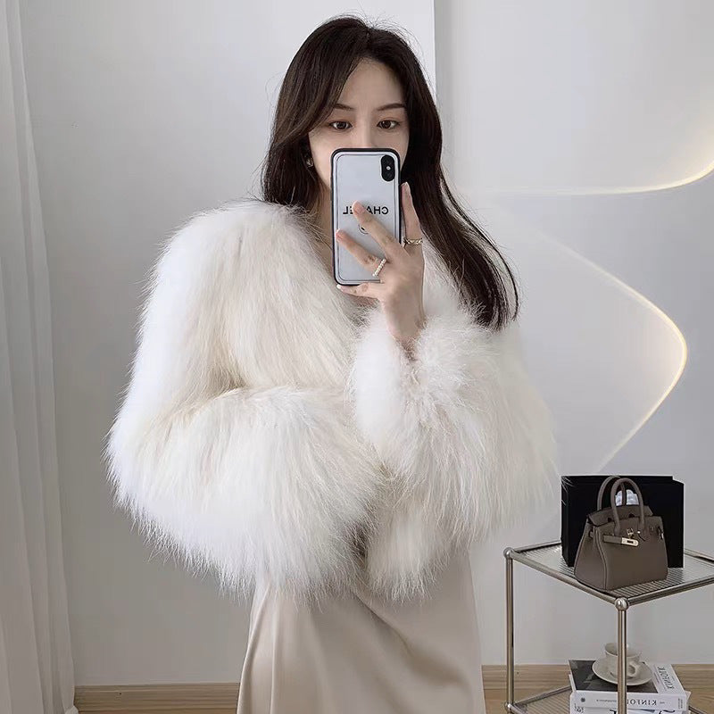 Real Hair White Raccoon Hair Double-sided Woven Encryption Thickened Autumn and Winter New Temperament Anti-season Explosions Western Style Clothes Length 50 Gas
