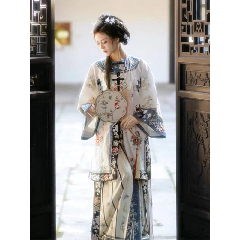 2025 Early Spring New Chinese Style National Style Palace Style Qing Dynasty Ancient Coat Han Coat Printed Top Horse Face Skirt Two-piece Suit for Women