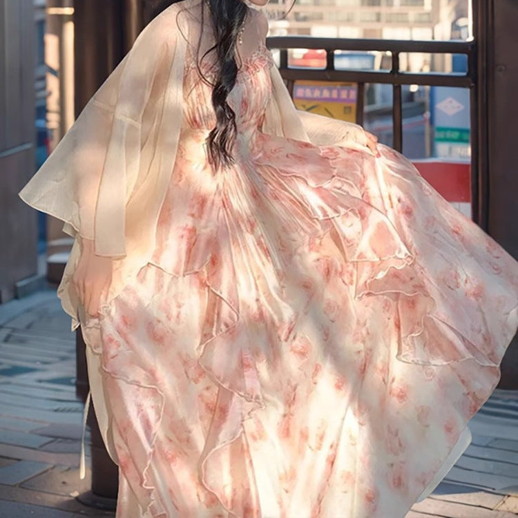 Elegant Heavy Industry Simi-Dye Printed Waisted Slimming Ruffled Slip Skirt Women's Summer Fairy Cardigan suit Two-piece Set