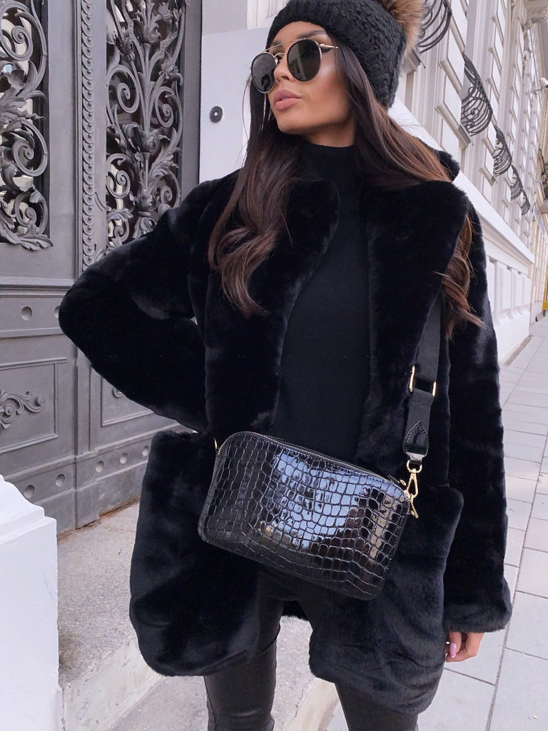 European and American Temperament Commuter Long Sleeve Lapel Faux Fur Jacket Solid Color Warm plus size Coat Women's Fur Fur Women's Clothing