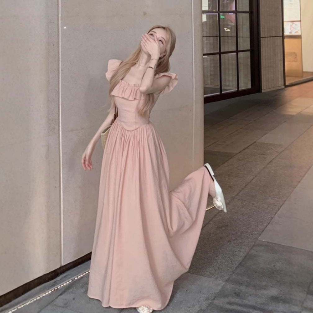 Tea Break French Pink Small Flying Sleeve dress Women's 2025 Summer New Waist Slim-fit Seaside Holiday Style Long Dress