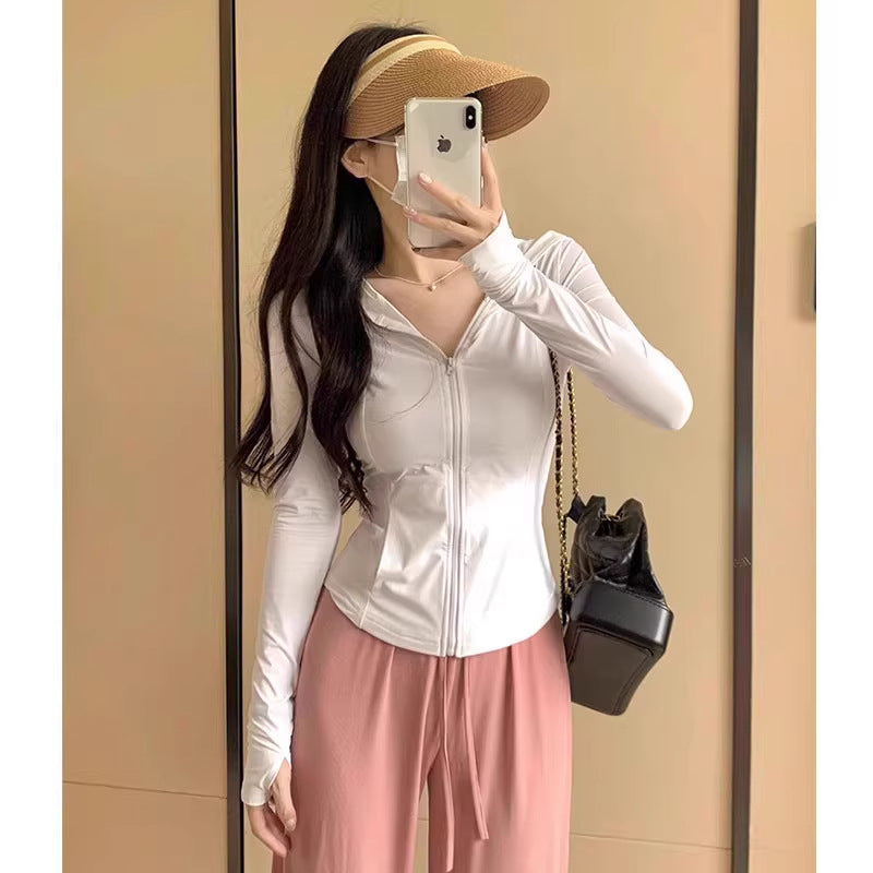 Ice Silk Sun Protection Clothing Cardigan Women's Summer Slim Yoga Wear Hooded Jacket Tight Top 2025 New Waist Span