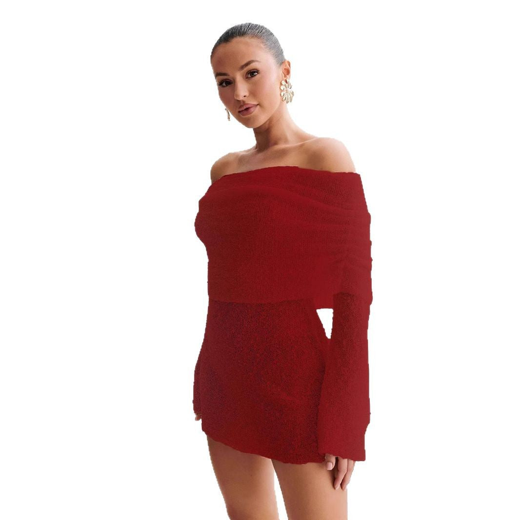 2025 spring new European and American cross-border Amazon women's sexy hollow long sleeve off-shoulder dress skirt women