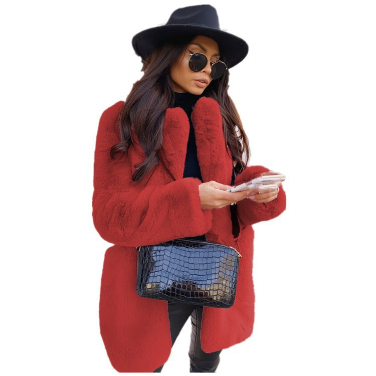 European and American Temperament Commuter Long Sleeve Lapel Faux Fur Jacket Solid Color Warm plus size Coat Women's Fur Fur Women's Clothing